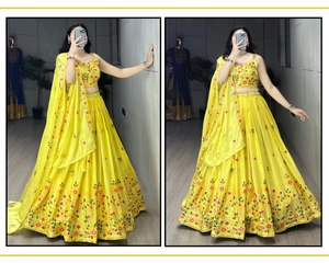 Hilo bordado de tela Chinon amarillo de diseñador de lujo y trabajo de secuencia Lehenga Choli étnico para ropa de fiesta - Product Image 6