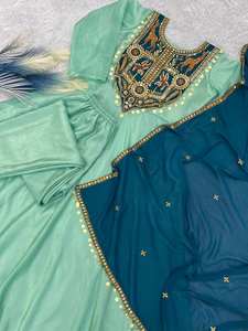 Indian Designer Gown Collection Soft Gold Crush <b>Silk</b> <b>Fabrics</b> With Embroidery & Sequins Work Fancy Lace Latkan For Women Wear - Product Image 6