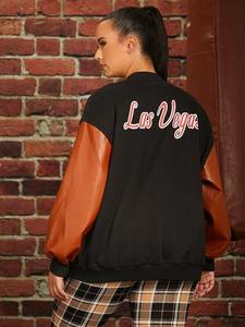 Veste de baseball varsity pour femmes, taille plus, 100% laine, coupe-vent, respirante, avec manches en cuir, broderie, veste décontractée - Product Image 2