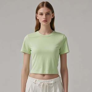 Conception de sérigraphie personnalisée col rond col montant Slim Fit Crop Top T Shirt grande taille vierge couleur unie Sexy femmes T-Shirt - Product Image 1