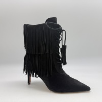 Sepatu bot pergelangan kaki wanita berujung runcing, hak tinggi, berumbai, dari kulit domba suede asli