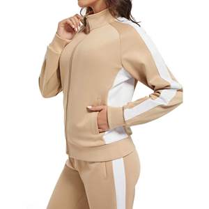 Women Beige Color Blocking Tracksuit Set Full Length <b>Zipper</b> <b>Sweatshirt</b> Matching Jogger Trackstar OEM Private Label - Product Image 4