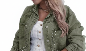 Veste en jean d'été Y2K pour femme, coupe classique |   Décorations à rivets à manches longues |   Vêtements d'extérieur décontractés imperméables respirants à séchage rapide - Product Image 5