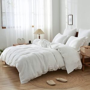 French Flax White Cotton Duvet Cover <b>Set</b> Breathable Soft <b>Comforter</b> Queen Size Bed Solid Pattern Home Hotel Weddings Hospital - Product Image 1
