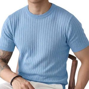 <b>Mens</b> Ribbed Knit Short Sleeve T <b>Shirt</b> Solid Crew Neck Casual Summer Pullover Breathable <b>Viscose</b>/Polyester Soft Comfortable - Product Image 1