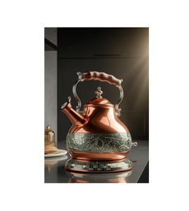 Copper <b>kettle</b> with ergonomic <b>wooden</b> grip and heat resistant base designed for both display and functional use - Product Image 4