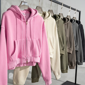 360 grammes polaire fermeture éclair coton fait à capuche couleur unie teint tenue décontracté sweat à capuche court femmes mode sweats à capuche veste à glissière - Product Image 1