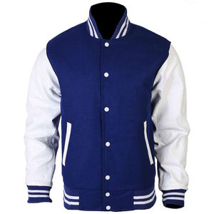 Chaqueta Estilo Universitaria Unisex Azul Rey y Blanca, Forro Acolchado, Ribete Acanalado a Rayas, Botones a Presión, Abrigo Urbano de Moda - Product Image 1