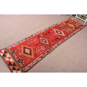 Turkish Rug, 2.6x10.8 ft <b>Runner</b> Rug, <b>Red</b> Orange Herki Wool Rug - Product Image 2