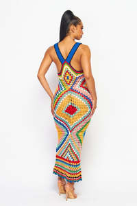 فستان مثير من التريكو متعدد الألوان شفاف للنساء موديل 2024، فستان طويل بتصميم بوهيمي خلفي منقوش بشكل الماسي من التريكو - Product Image 2