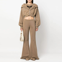 Conjunto de Sudadera Corta con Cremallera y Pantalones Acampanados para Mujer, Chándal Casual de Estilo Urbano, Conjunto de Descanso de Algodón y Felpa, Atuendo Combinado