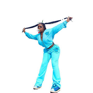 Ensemble de survêtement streetwear pour femme en 2 pièces, uni, brodé, respirant, veste zippée à manches courtes et longues, pantalon de survêtement, 100% coton - Product Image 5