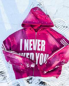 เสื้อฮู้ดซิปผู้ชายสไตล์สตรีทแวร์ ผ้าฟลีซ ปักลายแบบกำหนดเอง ลุควินเทจ ย้อมสีเอซิด ซีดจางด้วยแสงแดด ประดับคริสตัล แต่งลายฉีดสี ขาดๆ แบบดิสเทรส - Product Image 1