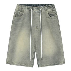 กางเกงขาสั้นผ้ายีนส์ขาตรงทรงหลวมของผู้ชายแบบกำหนดเองแฟชั่นอเมริกันมีเชือกหูรูดเบาซักกลางเอวฤดูร้อนเข็มขัดกระดุม - Product Image 1