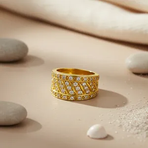 Bague de fiançailles vintage pour femme avec pierre naturelle sertie pavé, design géométrique, plaqué or, argent 925, bijoux de mariage - Product Image 1