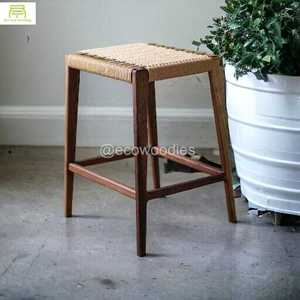 Taburete otomano de madera Natural ecológico, taburete de madera para entrada, taburete otomano de punto con cuerda de algodón, consola con incrustaciones de hueso - Product Image 4