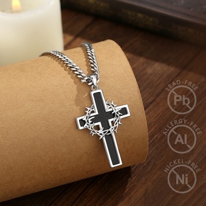 Ciondolo Croce Corona di <span class=keywords><strong>Spine</strong></span> Placcato Argento Vintage Ossidato con Inserti in Ossidiana, Gioiello Regalo Religioso Cristiano Spirituale - Product Image 4