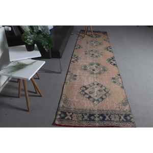 Alfombra Turca Vintage de 2.6x11.4 pies, Alfombra de Lana Marrón Azul Camuflaje - Product Image 2