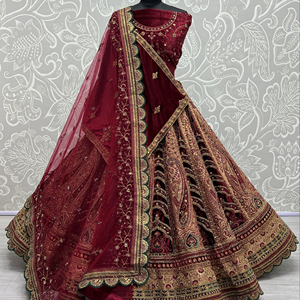 New Modern Double Dupatta Velvet <b>Patch</b> Embroidered Floor-Length Designer Lehenga Choli Zipper <b>Back</b> for Bridal Wear Wholesale - Product Image 1