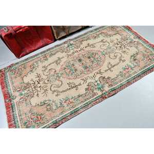 3.6x6.9 ft Rug, Turkish Vintage Rug, <b>Red</b> Green Ikat <b>Wool</b> Rug - Product Image 1