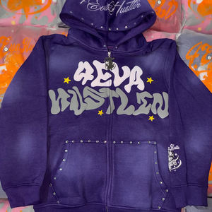 Ventes en gros de sweats à capuche pour femmes, streetwear d'hiver, personnalisés, en coton délavé au soleil, doublés de polaire, imprimés, avec pierres précieuses en cristal, fermeture éclair - Product Image 1