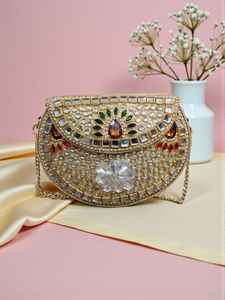 Mini Kundan Design <b>Clutch</b> bag wedding nikkah tiny purse handmade India 5 inches both side handwork bag wholesale manufacturer - Product Image 5