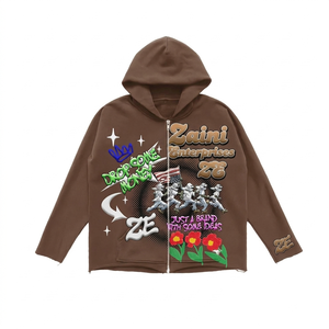 Heavyweight 400GSM Cotton Blend <b>Fleece</b> Zipper Hoodie <b>Brown</b> Panel Style Custom Embroidery Print Logo Casual Wear - Product Image 1
