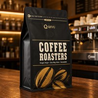 Sachet d'emballage de café noir mat personnalisé à fond plat, pochette verticale avec valve unidirectionnelle et fermeture éclair à languette pour grains de café