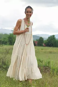 2023 dernier coton été Maxi robe bohème col rond sans manches Sexy dos nu vêtements de plage longueur au sol avec taille naturelle - Product Image 4