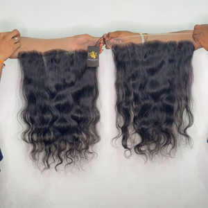 Paquet de cheveux humains naturels du temple indien bouclés, lisses, avec fermeture en dentelle frontale, faisceaux à ondulations profondes avec dentelle frontale HD - Product Image 2