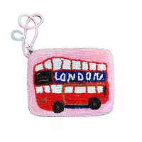 Porte-monnaie carré artisanal en perles, motif bus londonien, en textile, souvenir