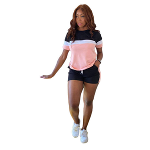 <b>Women</b> Summer Color Block T Shirt and <b>Shorts</b> Set Casual 2 Piece <b>Lounge</b> Wear Matching Outfit with Pockets - Product Image 3