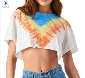 INDEX APPAREL Women's Tie Dye Crop <b>Top</b> O-Neck Short Sleeve Bohemian Loose Fit Spring Summer Wear 100% Cotton Jersey - Product Image 1