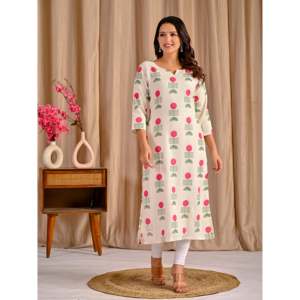 Kurti Recto de Algodón y Yute Estampado Butta Block Blanco y Rosa, Estilo Casual con Cintura Natural y Característica Transpirable - Product Image 5