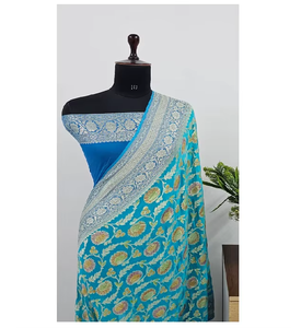 Sari Banarasi de Chifón Khaddi Puro, Auténtica Artesanía de Telar, Detalles Intrincados de Zari, Lujoso y Suave para Fiestas - Product Image 1