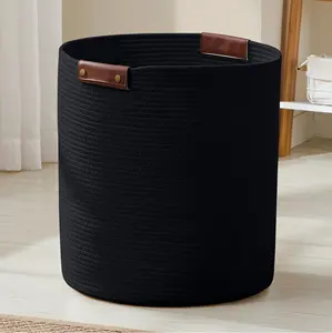 Black Cotton Rope Basket For Laundry Clothes Storage Basket With Leather Handle Tall Basket Sale In Cheap Price