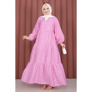 Robe simple et élégante en viscose à pois roses avec demi-boutons - Product Image 1