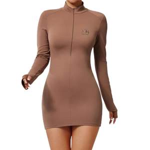 Women High Neck Zip Front Bodycon Mini Dress Long Sleeve Stretch Casual Streetwear Outfit - Product Image 1