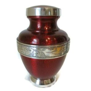 Urne de crémation adulte en laiton fini de marbre et d'étain de couleur rouge avec la belle bande de gravure pour des cendres. - Product Image 1