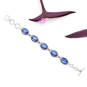 Blue Sapphire Quartz <b>Bracelet</b> Bangle Oval Faceted Cut <b>Gemstone</b> Adjustable German Silver Charm Multi Blue Sapphire <b>Bracelet</b> - Product Image 3