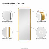 Kingstin Grand Miroir Mural LED Doré, 3 Couleurs, Tactile, Sur Mesure pour Chambre et Dressing