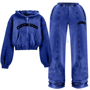 Chándal de mezcla de algodón de alta calidad Logotipo personalizado Puños elásticos Cremallera Parte superior con capucha frontal + Joggers de pierna ancha Chándal recortado - Product Image 2