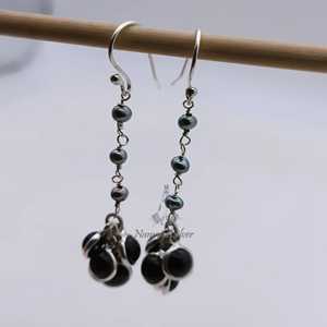 925 Sterling Silver Dangle <b>Earrings</b> Handmade Flower-Shaped Freshwater <b>Grey</b> <b>Pearl</b> and Black Onyx Unique Jewelry - Product Image 4