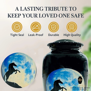 Urna de cremación de aluminio hecha a mano, diseño grabado de caballo, urnas de cremación, acabado de revestimiento Meena, diseño a prueba de fugas, recuerdo y grande - Product Image 3