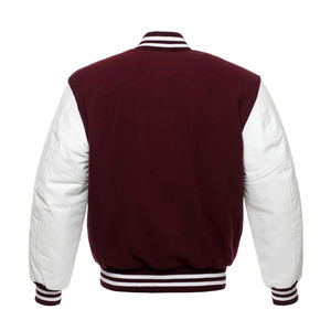 Chaqueta Universitaria con Mangas Blancas Brillantes y Cuerpo Color Granate, Chaqueta Universitaria Personalizada con Mangas de Cuero para Hombre - Product Image 3