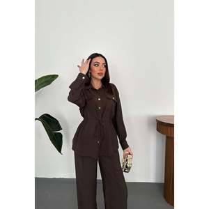 Brown Button Detail Shirt And Ribbed <b>Trousers</b> - Brown - Product Image 3