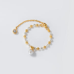 Anillo de cuentas de plata dorada de dos tonos perla, joyería ajustable para mujer, plata 925 - Product Image 3