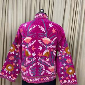 Boho Chic Retro Chic Free Size Robe Hand Embroidered Pink Floral Velvet Suzani <b>Jacket</b> Open Front Winter Coat Soft Free Size Robe - Product Image 2