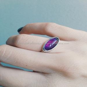 Plata de ley 92,5 con amatista Natural pulida en oro, anillo de dedo de piedras preciosas de forma ovalada suave, piedra natal de febrero - Product Image 6