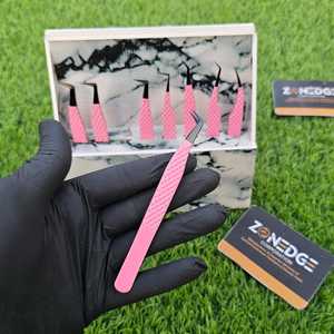 Pinzas de pestañas de acero inoxidable de Color rosa con punta negra, pinzas de extensión de pestañas con volumen de punta de fibra, logotipo personalizado - Product Image 2